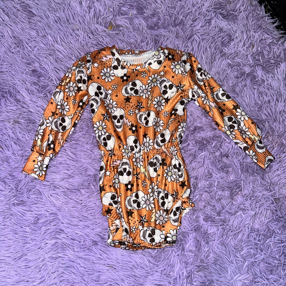 Orange Skull and Flower Print Long Sleeve Romper